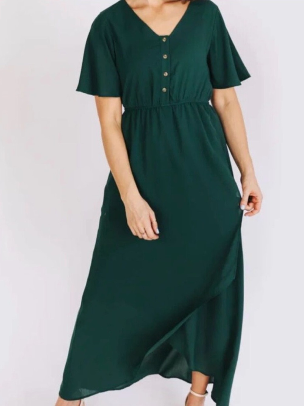 Classic Emerald Green Button-Front Maxi Dress